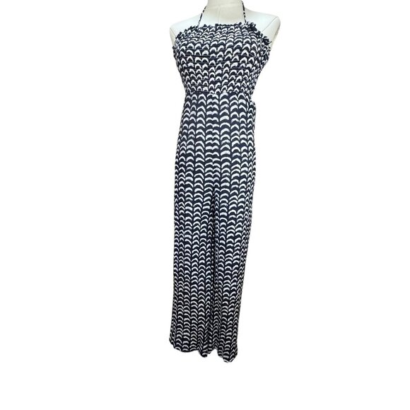 Maeve by Anthropologie Smocked Halter Jumpsuit Romper Size 4 Navy White - Picture 1 of 10